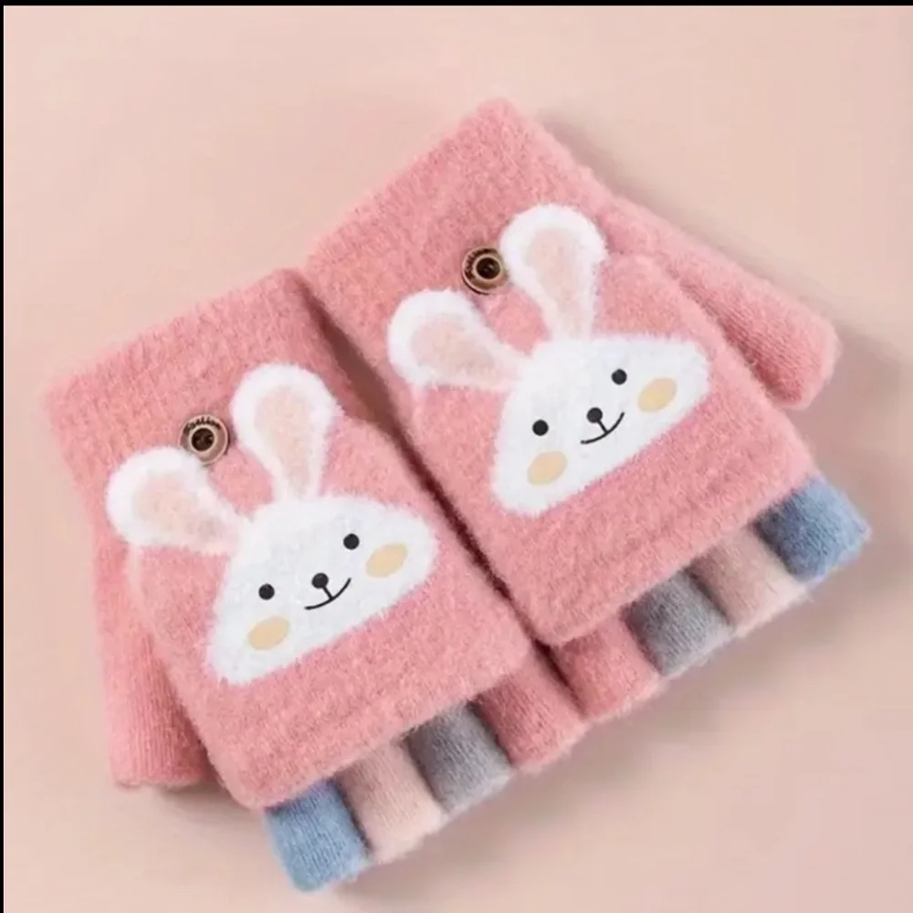 Girl bunny pink fingerless gloves and mitten- 2 in 1 gloves